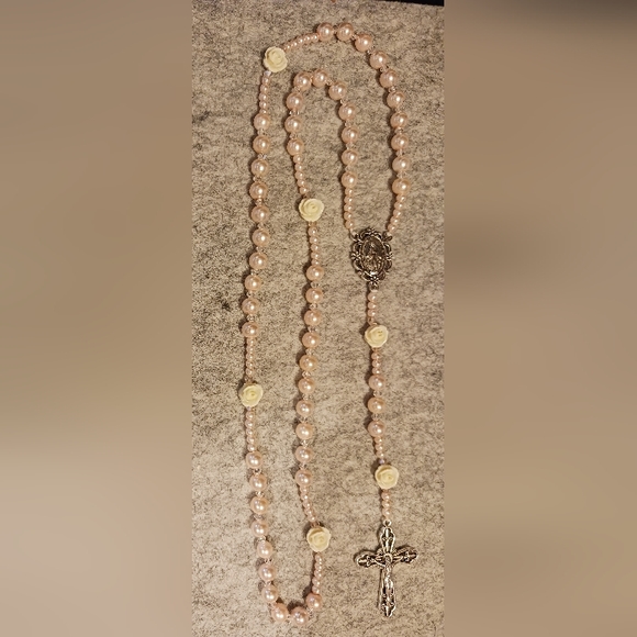 Jewelry - Beaded Rosary Necklace Light pink pearls,clear crystals and Ivory Rose beads